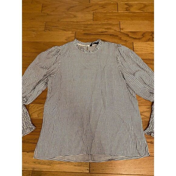 Zara Women's Black & White Houndstooth ruched Long-Sleeve Blouse size small - Picture 1 of 9